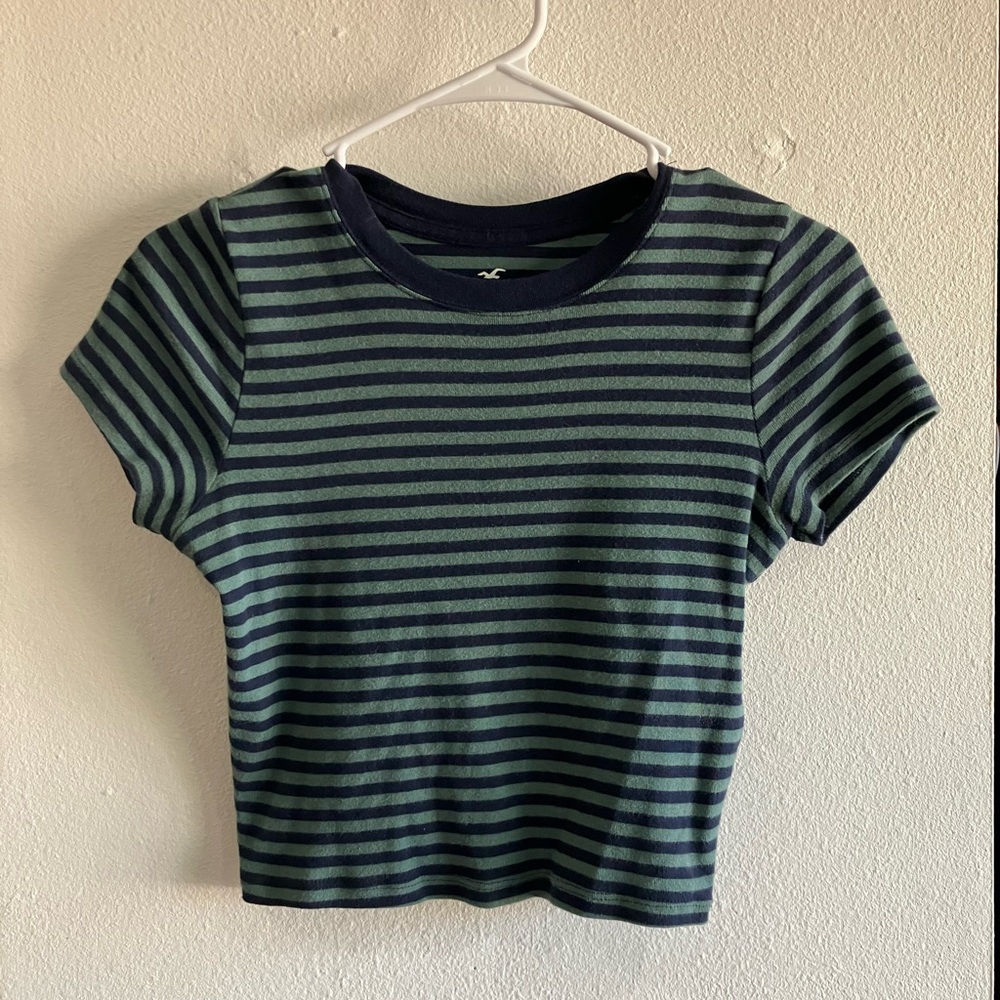 Hollister Green and Navy Striped Short Sleeve Tee